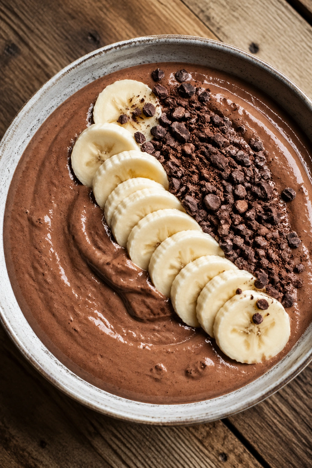 Tofu smoothie bowl with cocoa and banana slices