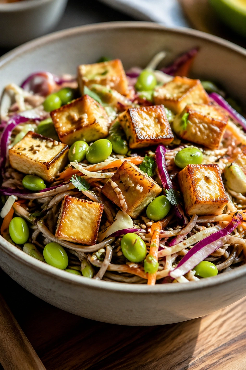 Close-up of tofu edamame soba noodle salad in a bowl