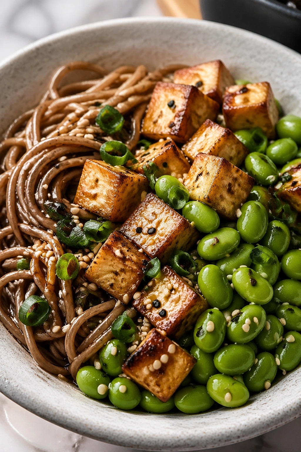 Tofu soba bowl with edamame and sesame