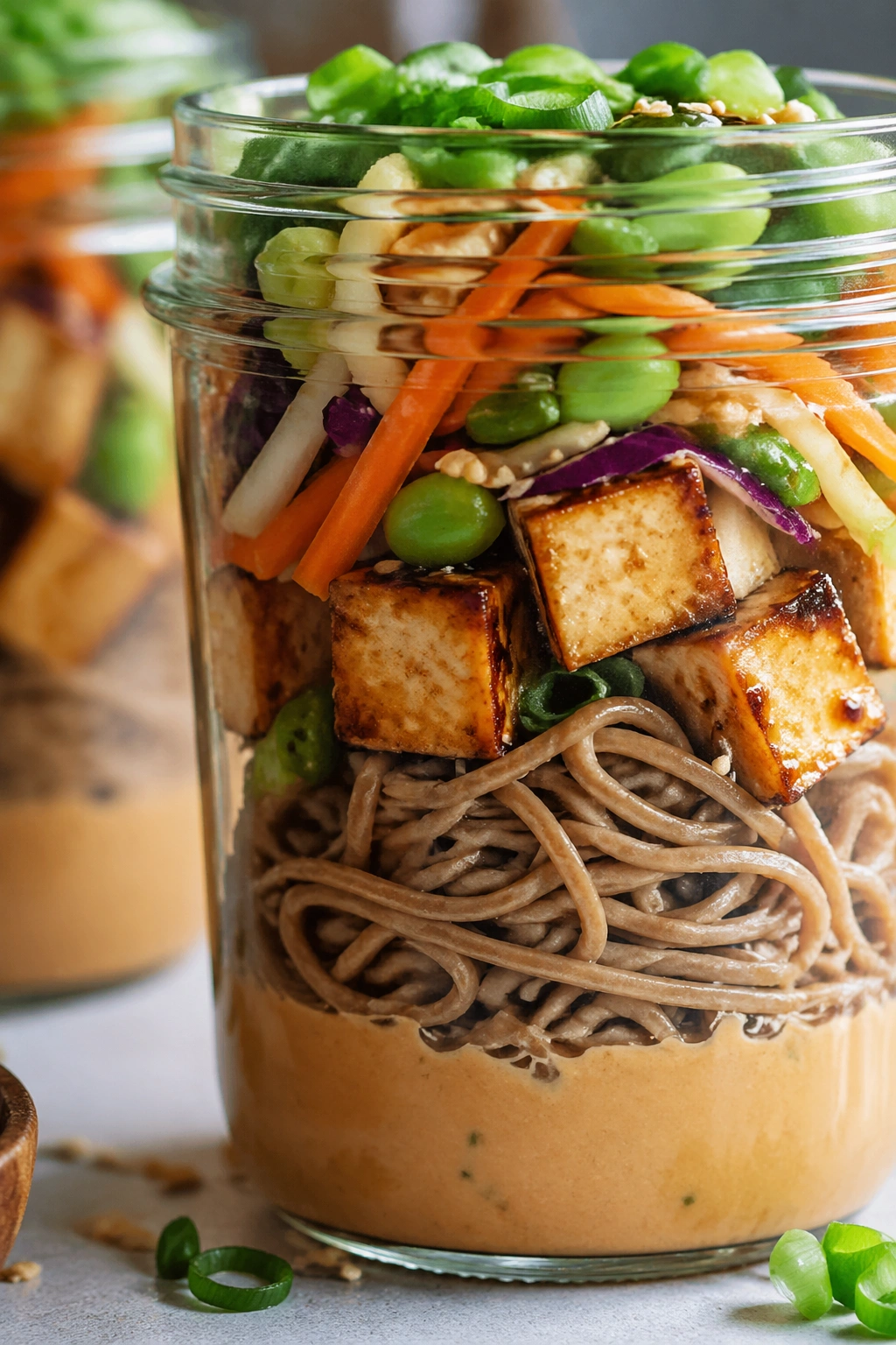 Glass jar of tofu soba with vegetables on kitchen counter