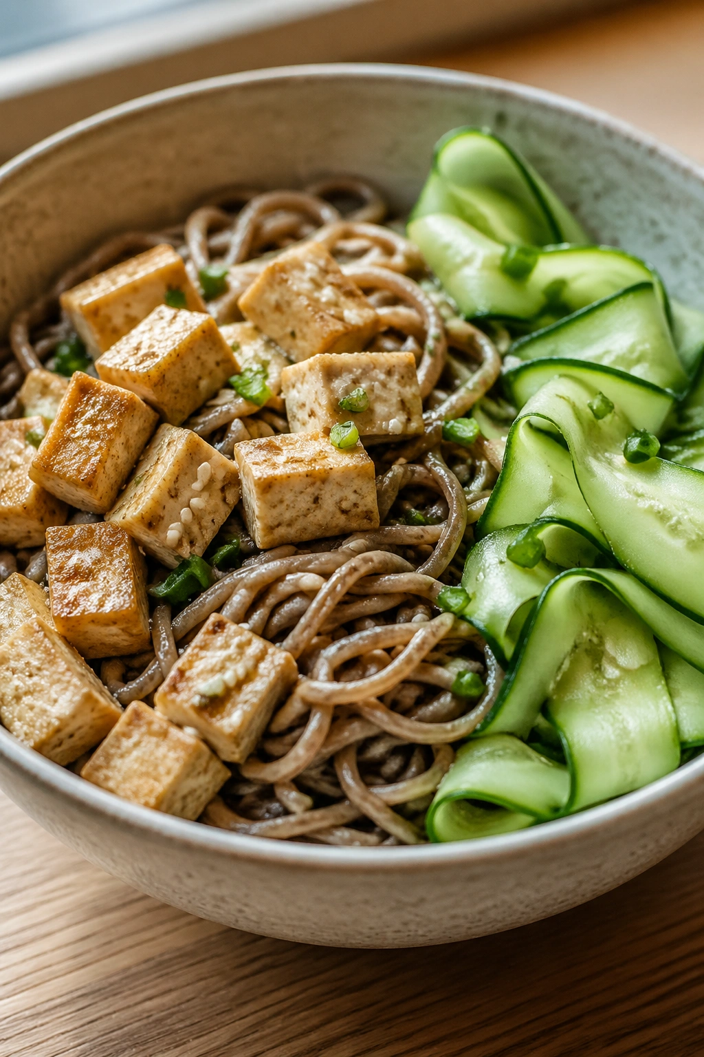 Close-up of soba noodles with tofu and cucumber in a bowl.