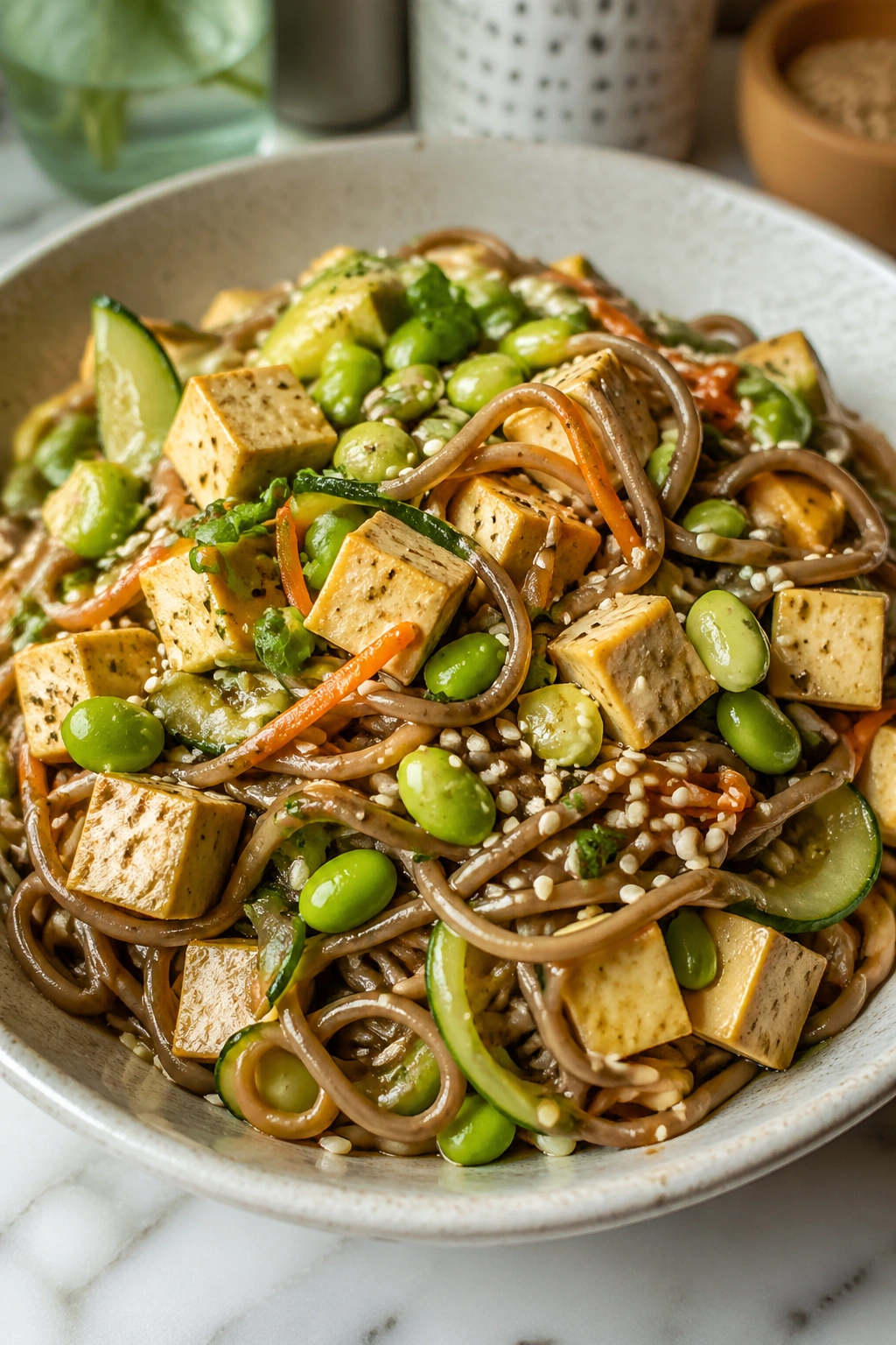 Close-up of tofu soba salad with cucumber, edamame, and sesame seeds in a bowl.