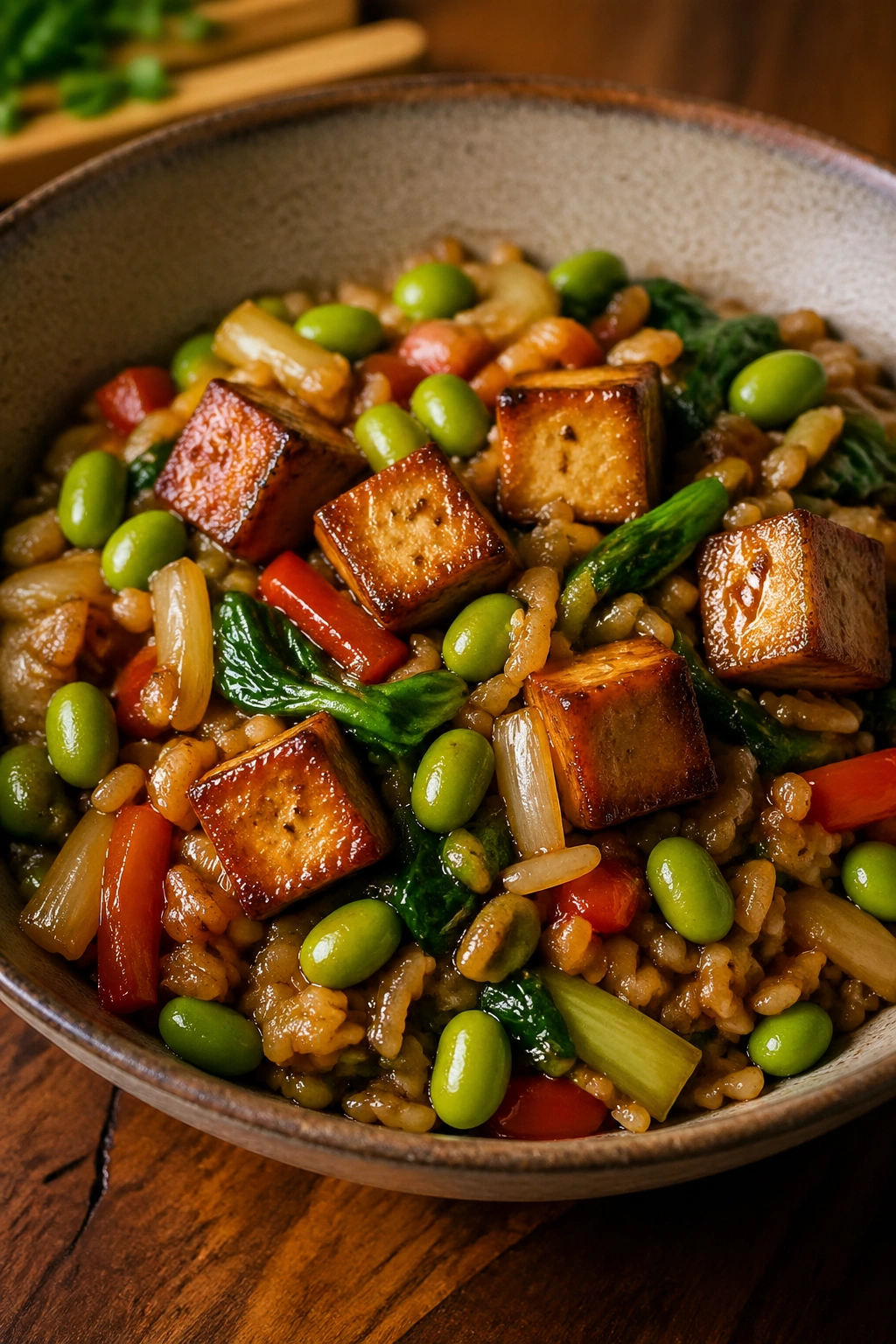 Close-up of tofu stir-fry with brown rice and edamame