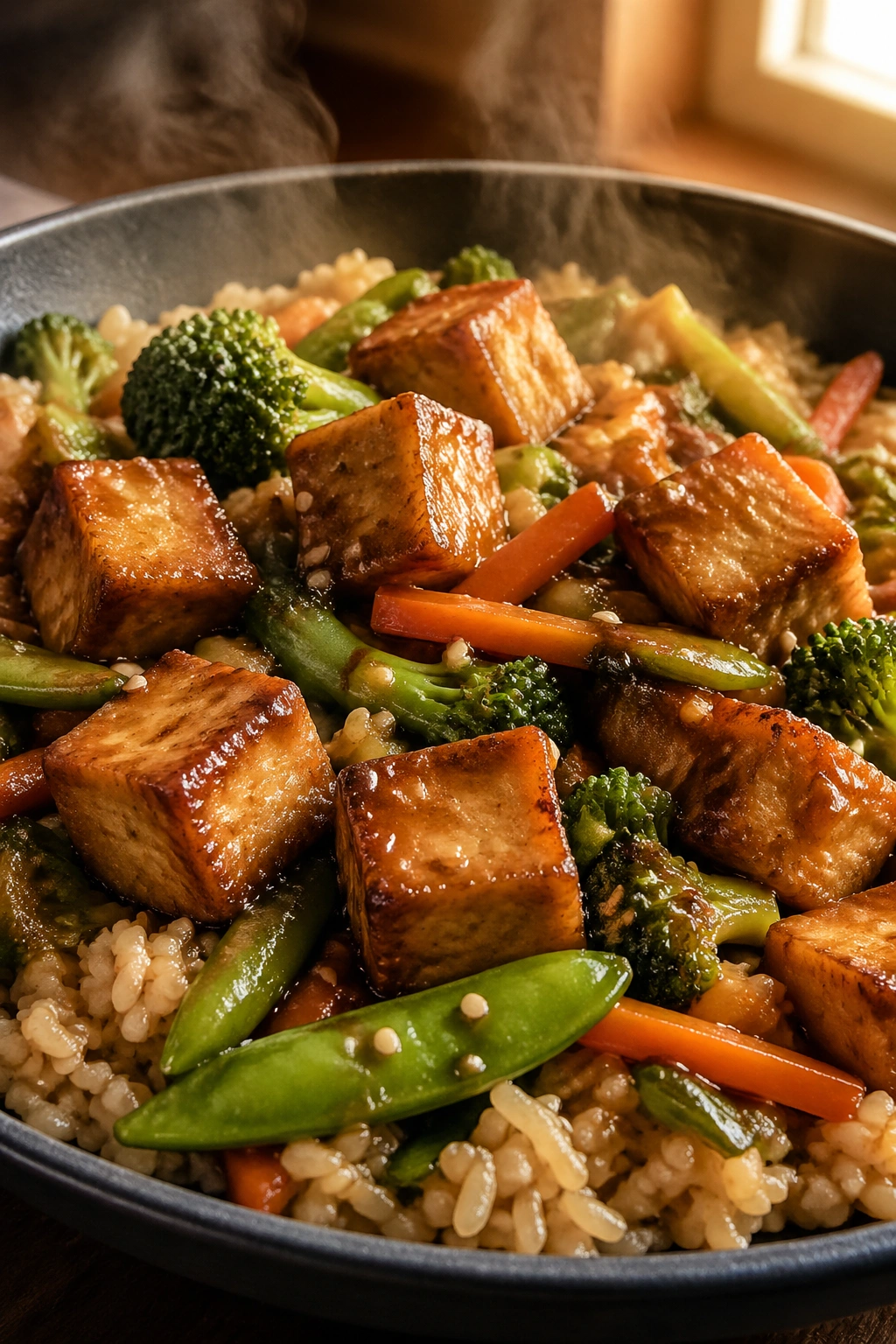Close-up of crisp tofu cubes with vegetables over brown rice in a sizzling skillet