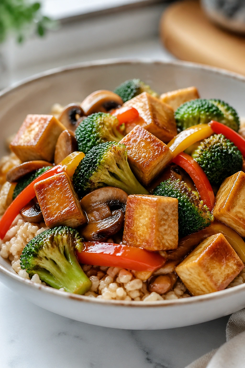 Medium-close view of tofu stir-fry with brown rice in a bowl.