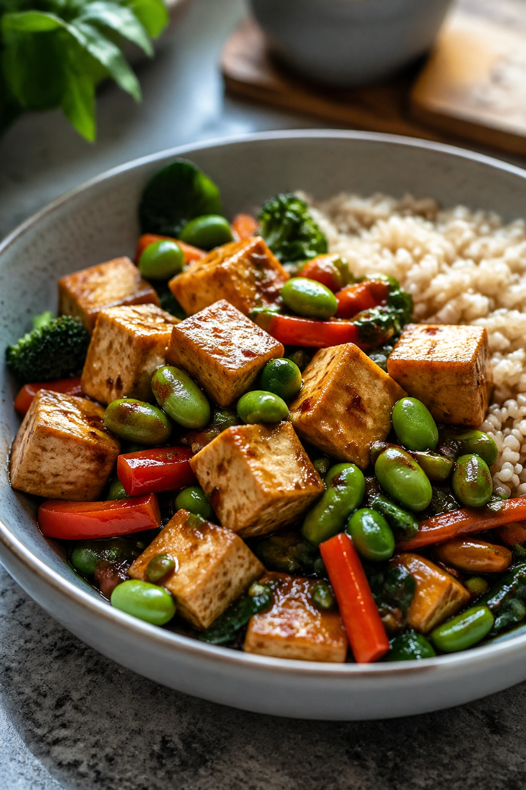 Tofu stir-fry with edamame and brown rice in a bowl