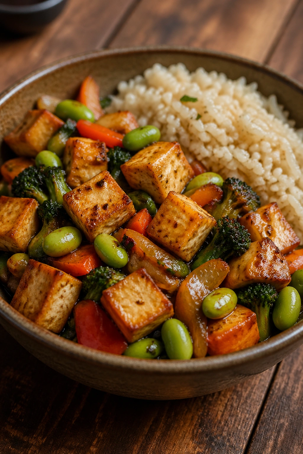 Close-up of tofu stir-fry with rice and edamame in a bowl