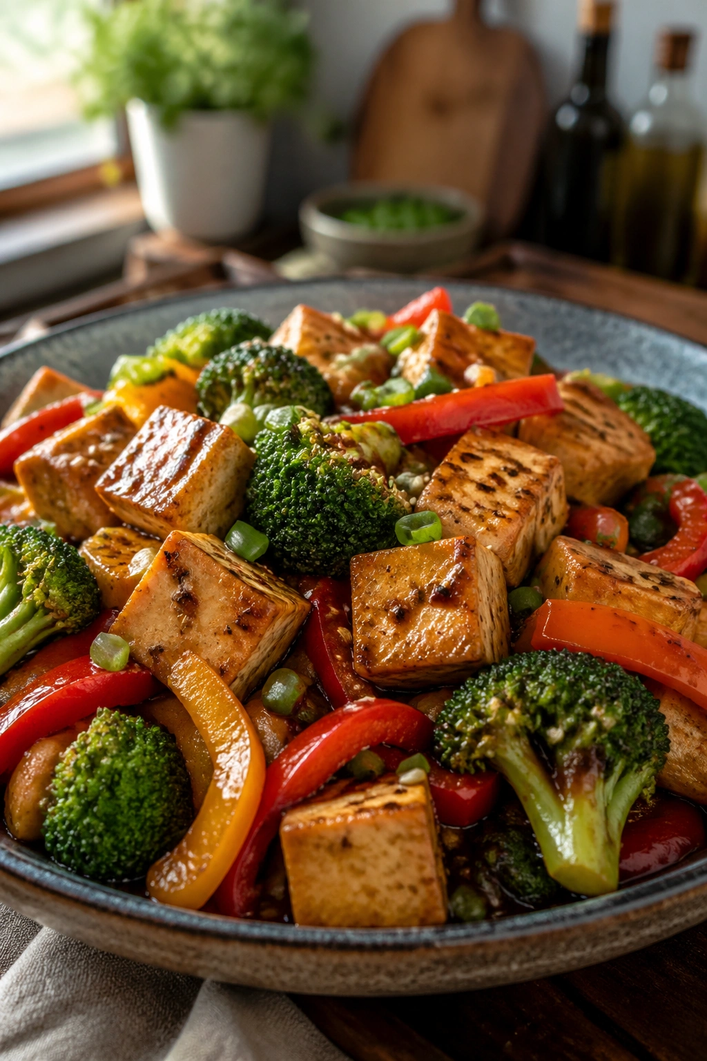 Close-up of a colorful tofu stir-fry plate