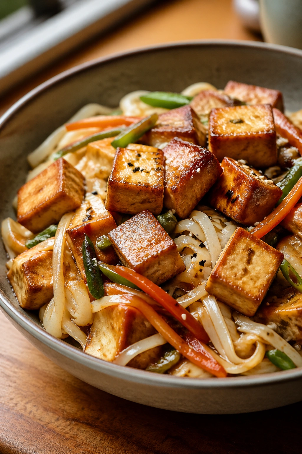 Close-up of tofu stir-fry with rice noodles on a plate
