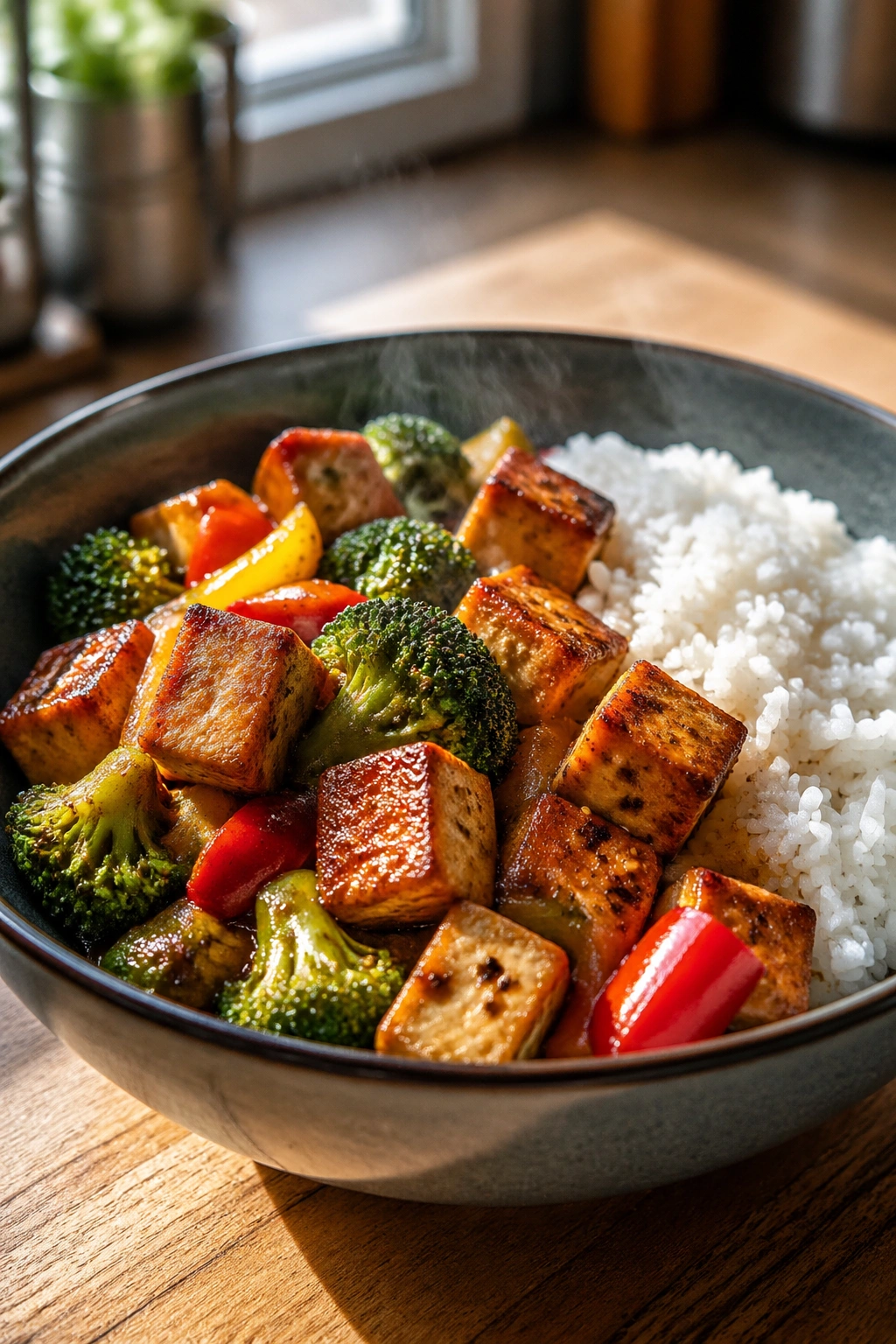 Close-up of tofu stir-fry with rice in a bowl showing browned tofu and colorful vegetables