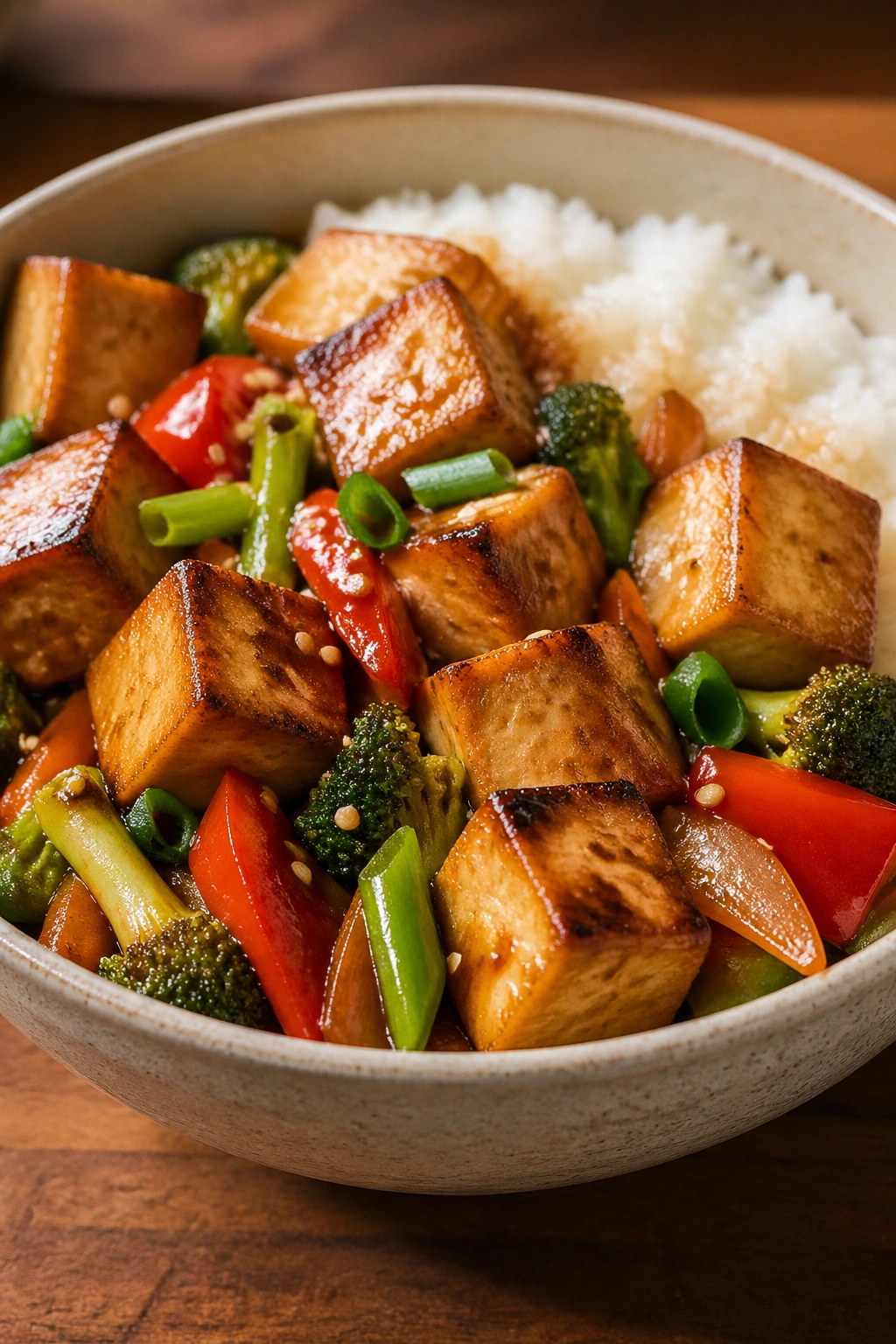 Close-up of tofu stir-fry with rice in a bowl on wooden table, vibrant colors