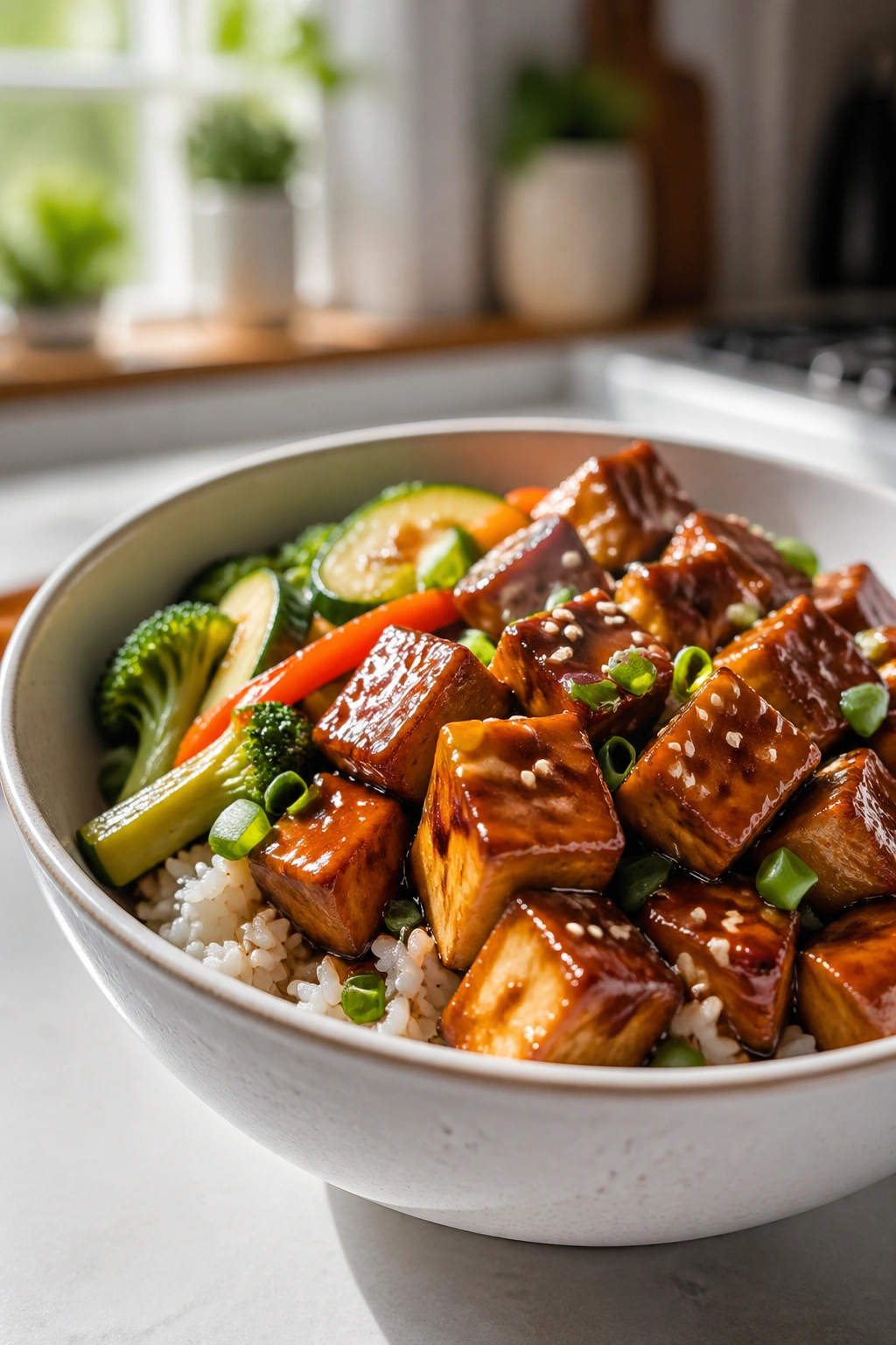 Close-up of Tofu Teriyaki Rice Bowls with crispy tofu and colorful vegetables