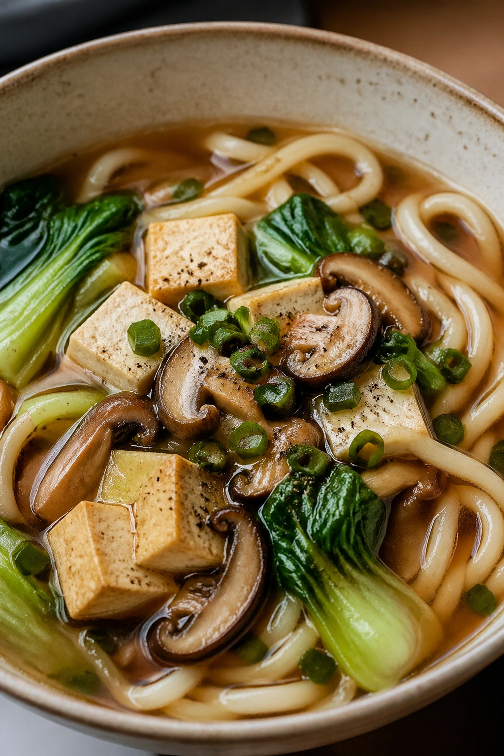 Steaming tofu udon soup in a bowl