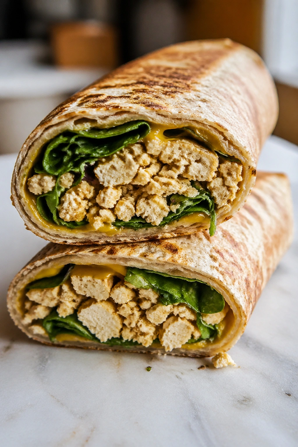 Close-up of a tofu wrap with greens and mustard showing filling