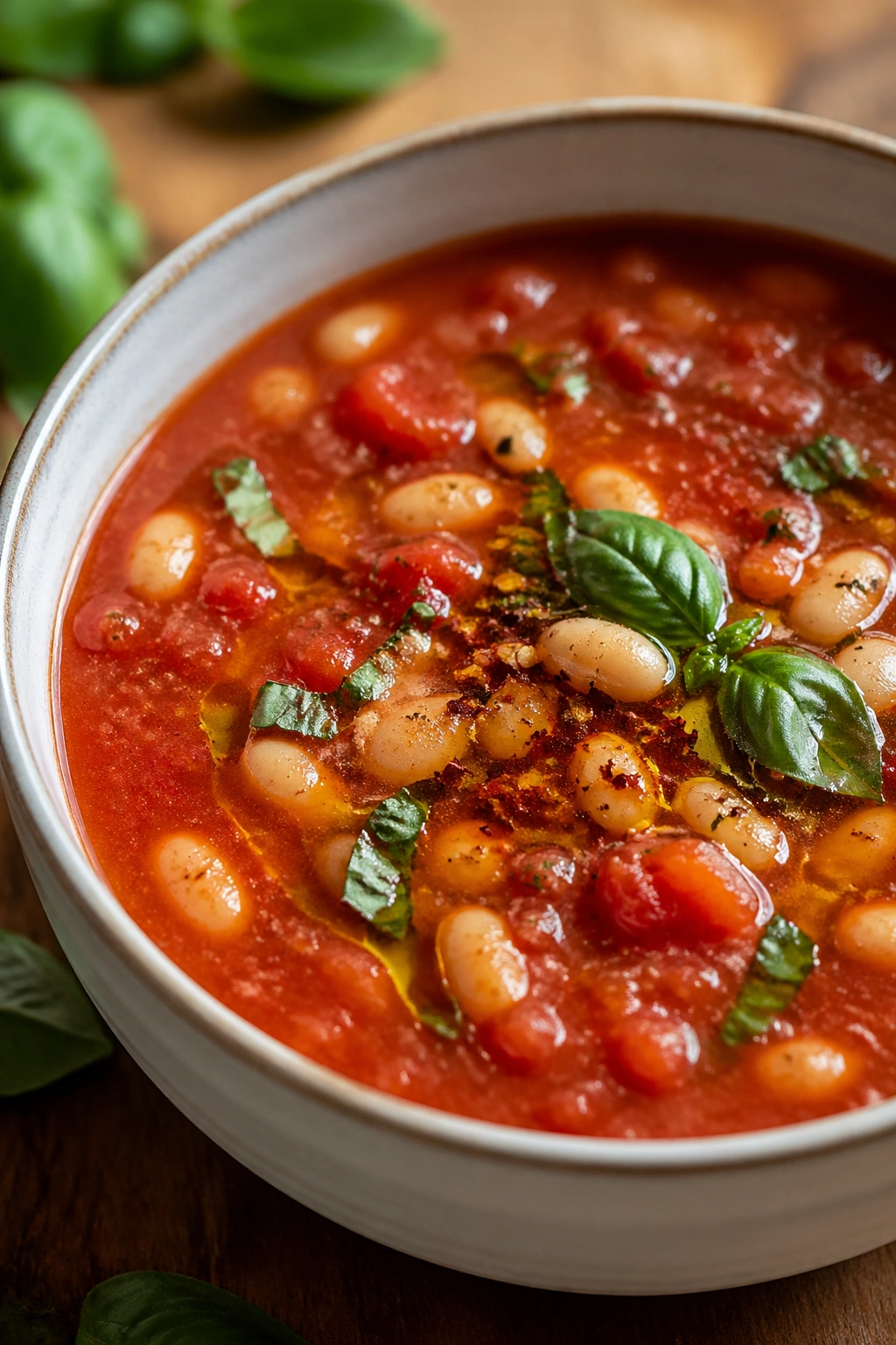 Close-up of spicy tomato and white bean soup in a bowl