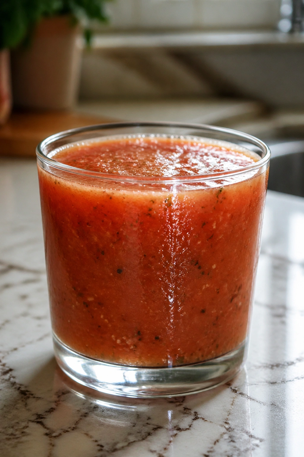Close-up of savory tomato-cucumber chia juice in a glass on a kitchen counter