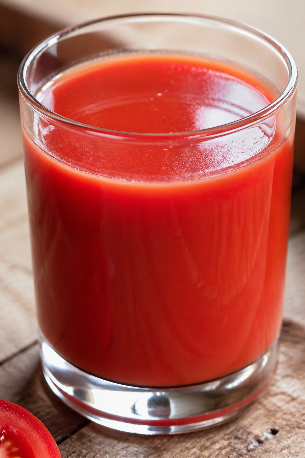 Glass of tomato juice on wooden surface with natural light
