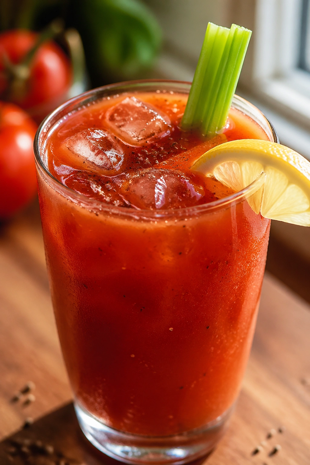 Close-up of tomato juice in a glass with pepper specks and celery on a warm kitchen counter