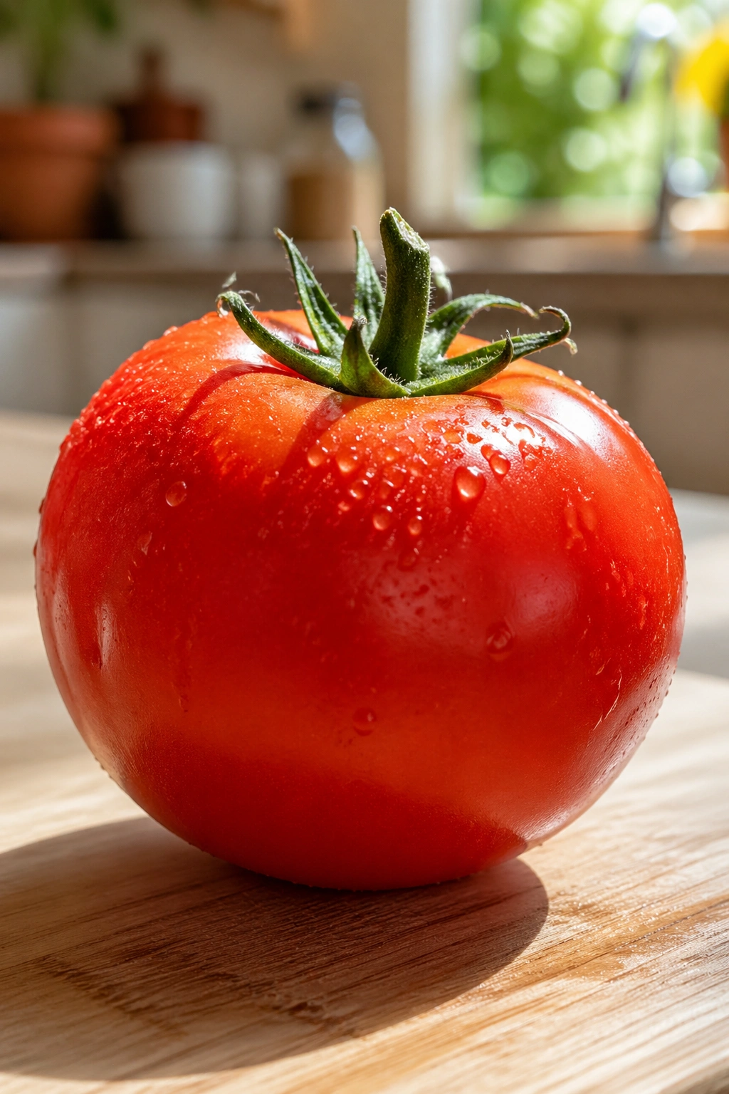 Close-up of a glossy ripe tomato on a wooden cutting board