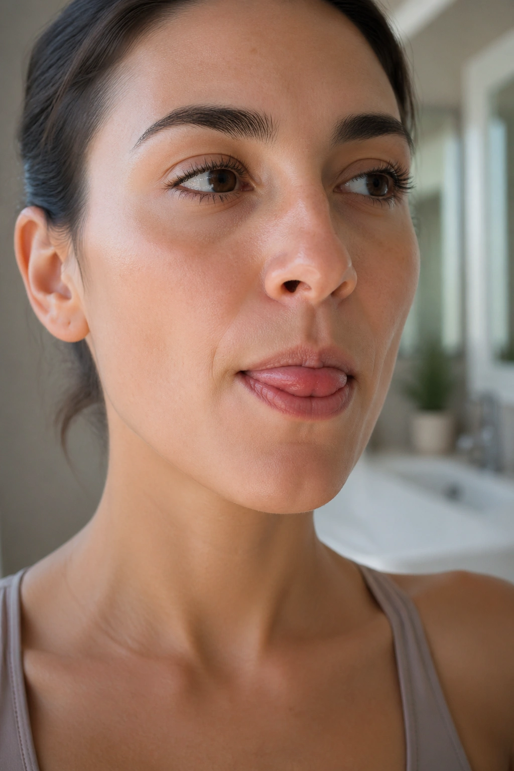 Close-up of tongue circles inside the teeth for tongue mobility drill.