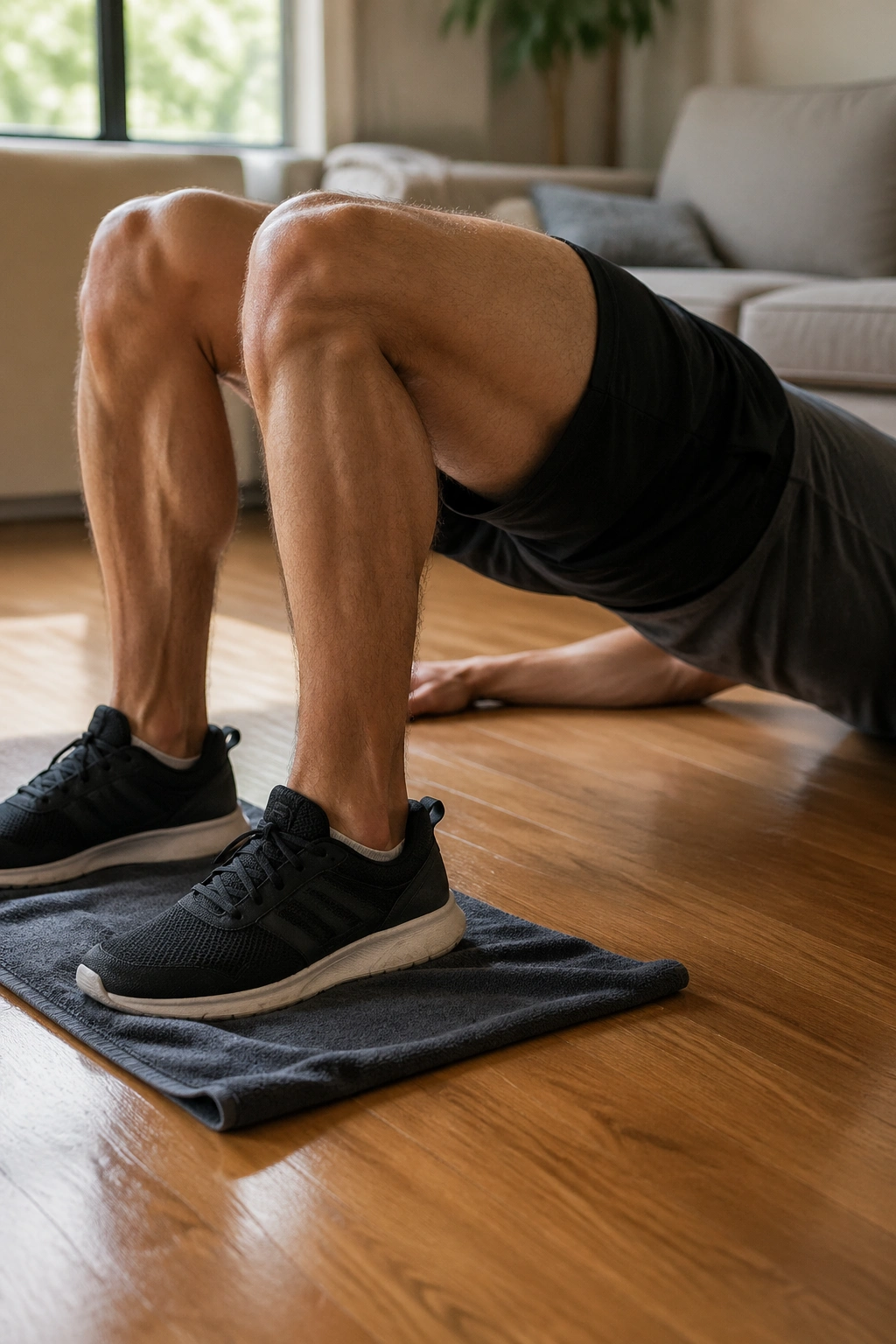 Close-up of legs performing towel hamstring curls on wood floor with hips lifted in a glute bridge.