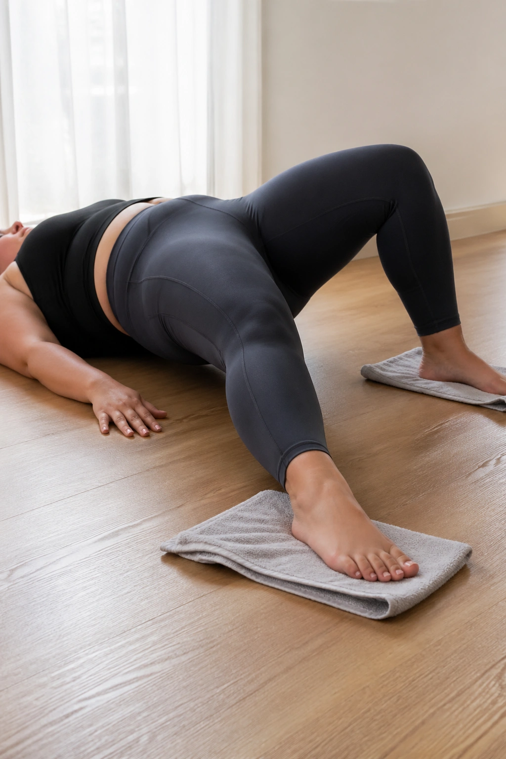 Close-up of a real person performing towel hamstring slides on a smooth floor with towels under the heels.