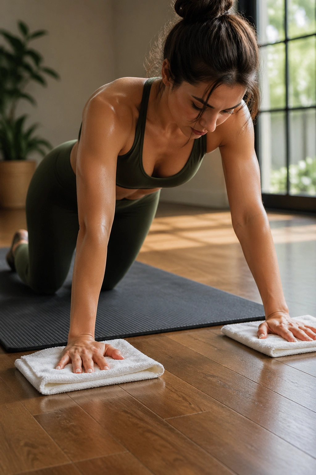 Close-up of a person performing towel slider knee tucks on a mat, core engaged in a warm home gym.
