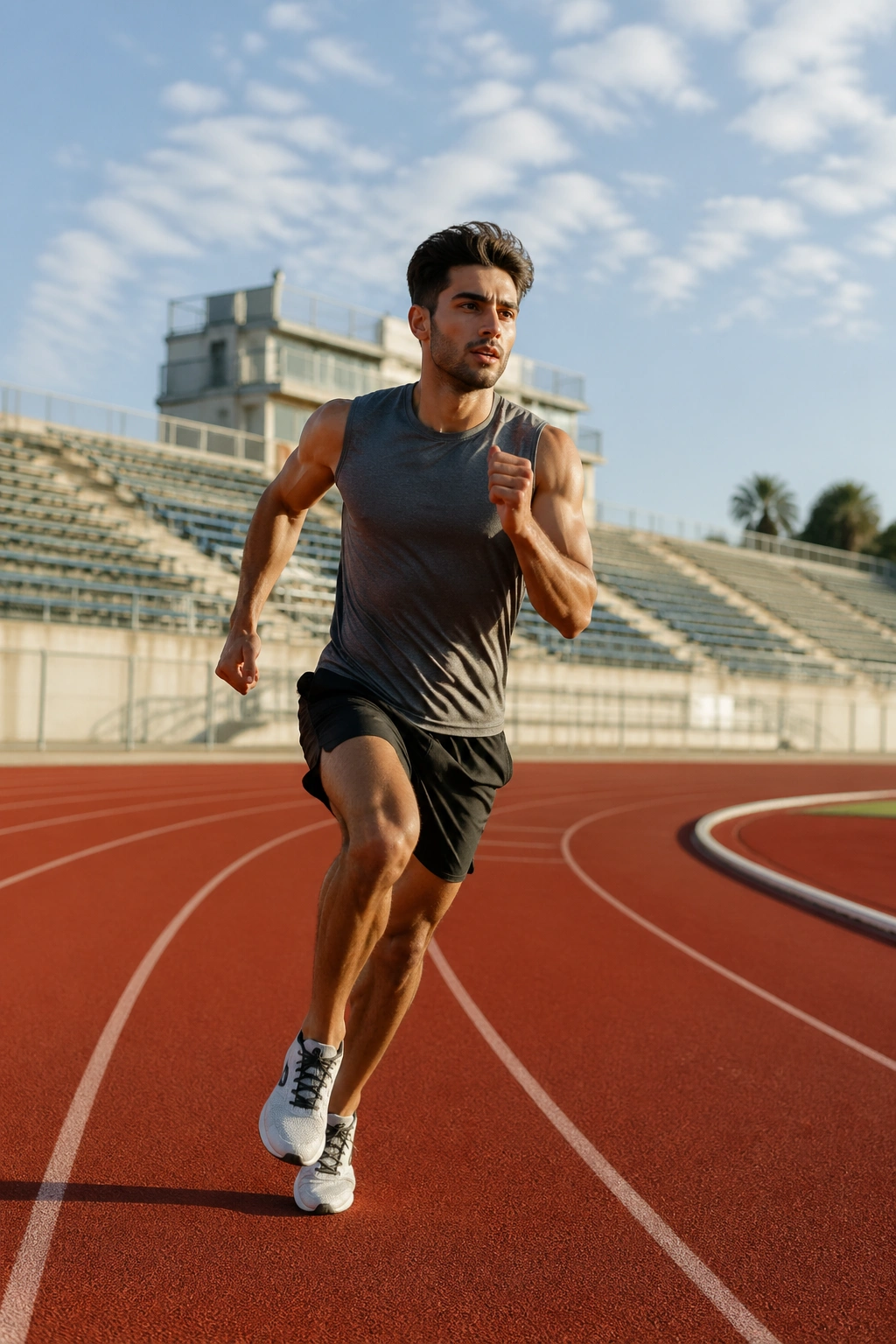 Runner mid-stride on a track during interval training