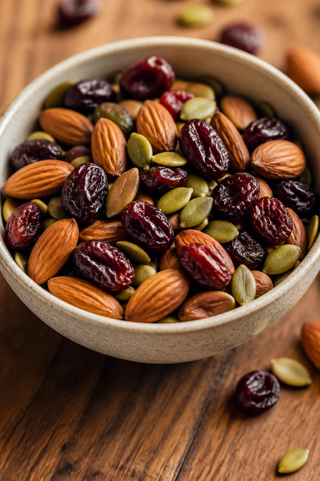Trail mix with almonds, pumpkin seeds, and dried cherries in a bowl
