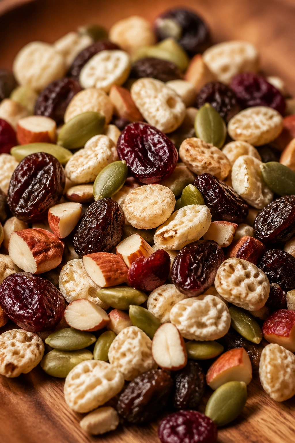 Close-up of trail mix with puffed cereal, raisins, cranberries, seeds and almonds in a bowl on a wooden surface