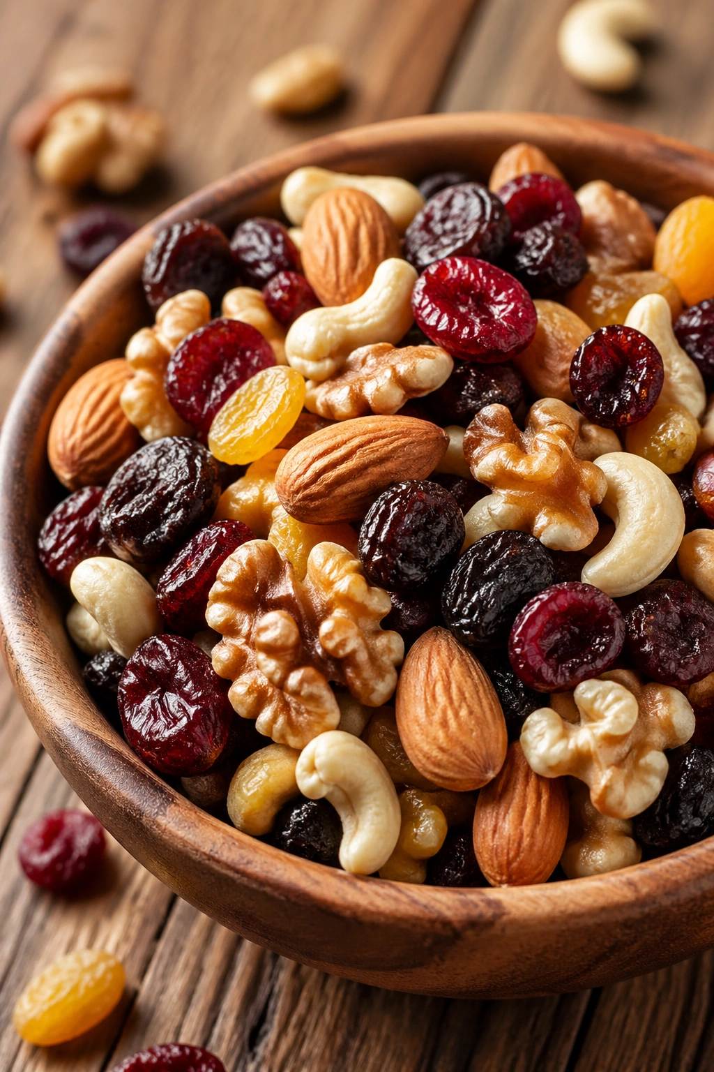Close-up of trail mix with dried fruit and nuts in a small bowl.