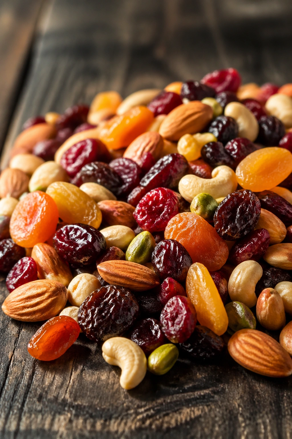Trail mix piled on a dark wooden surface