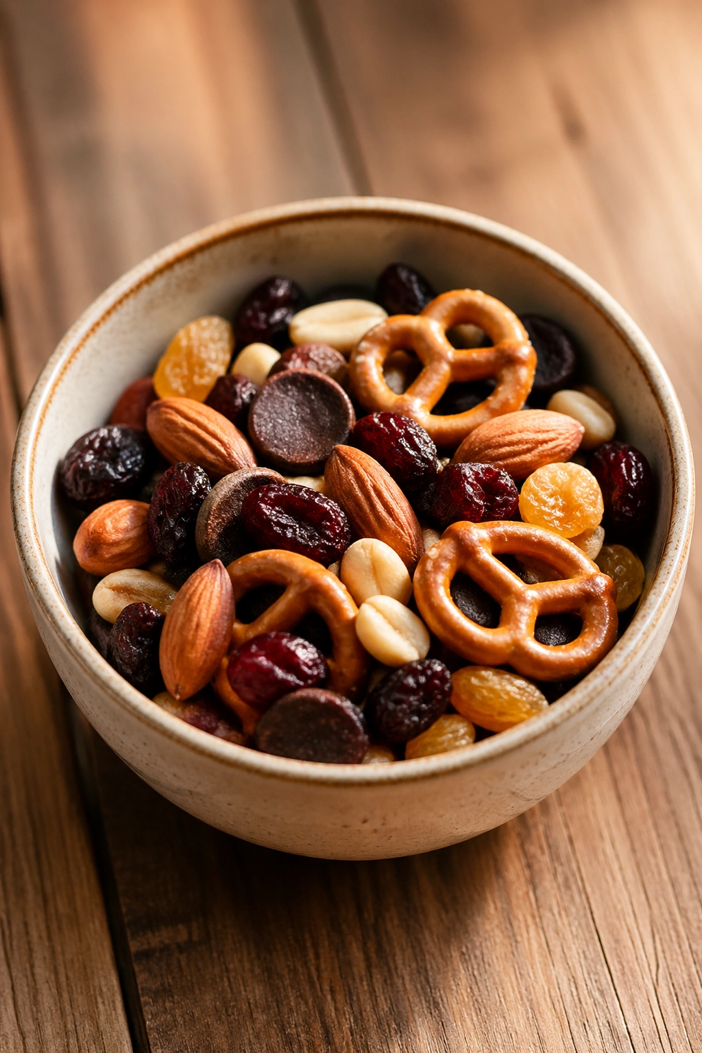 Small trail mix in bowl on wooden table