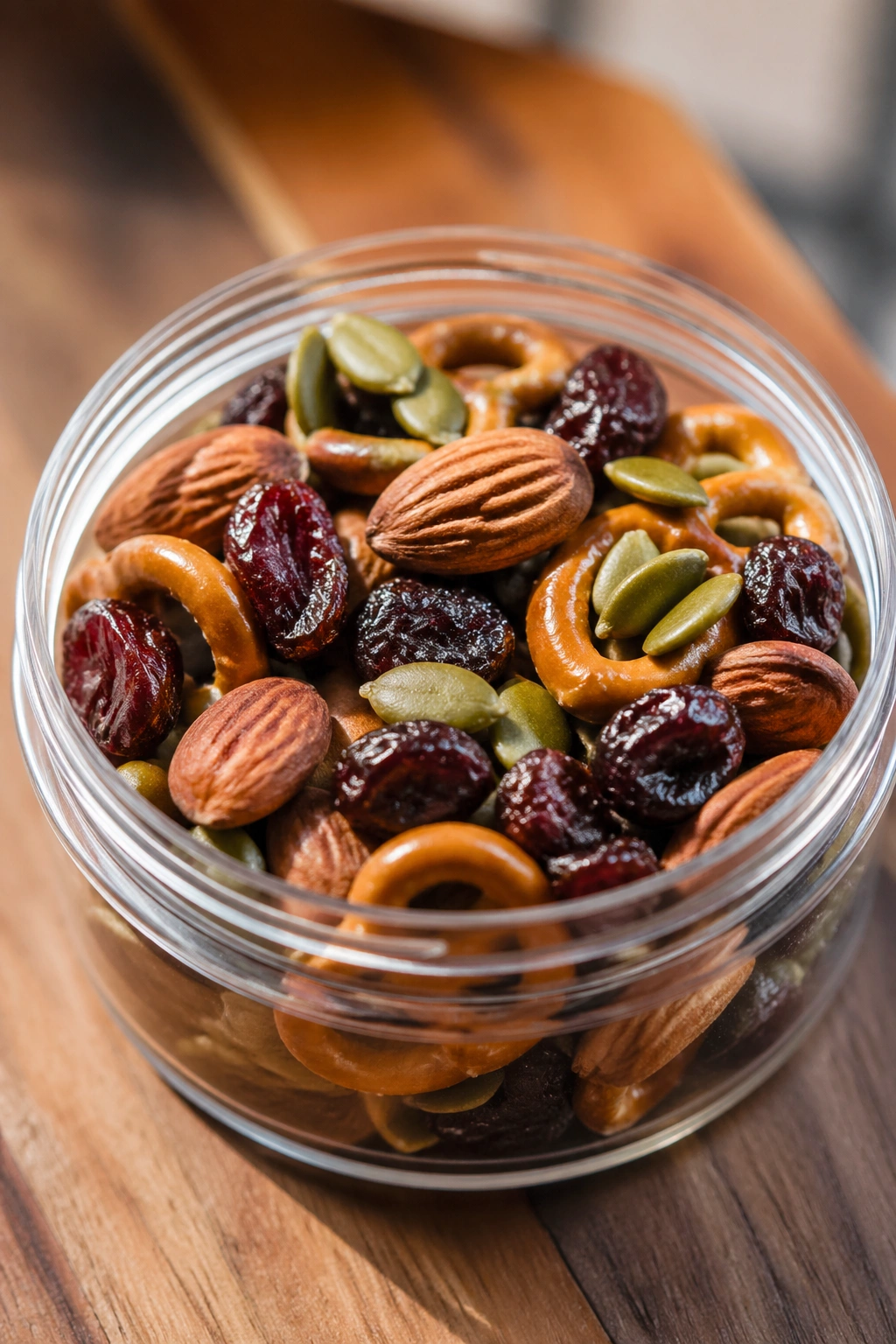 Trail mix in a small container with nuts seeds and dried fruit.