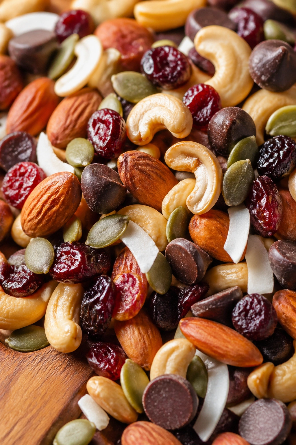 Close-up of trail mix with nuts, seeds, dried fruit, and dark chocolate on a wooden surface
