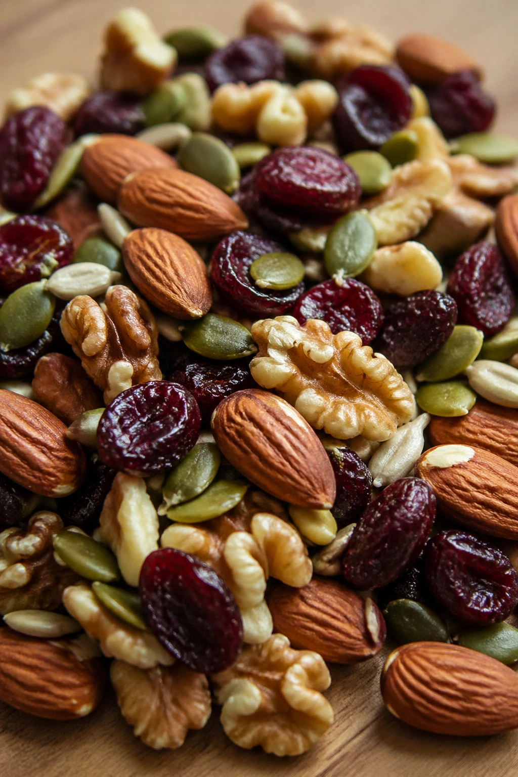Close-up trail mix with nuts seeds dried fruit