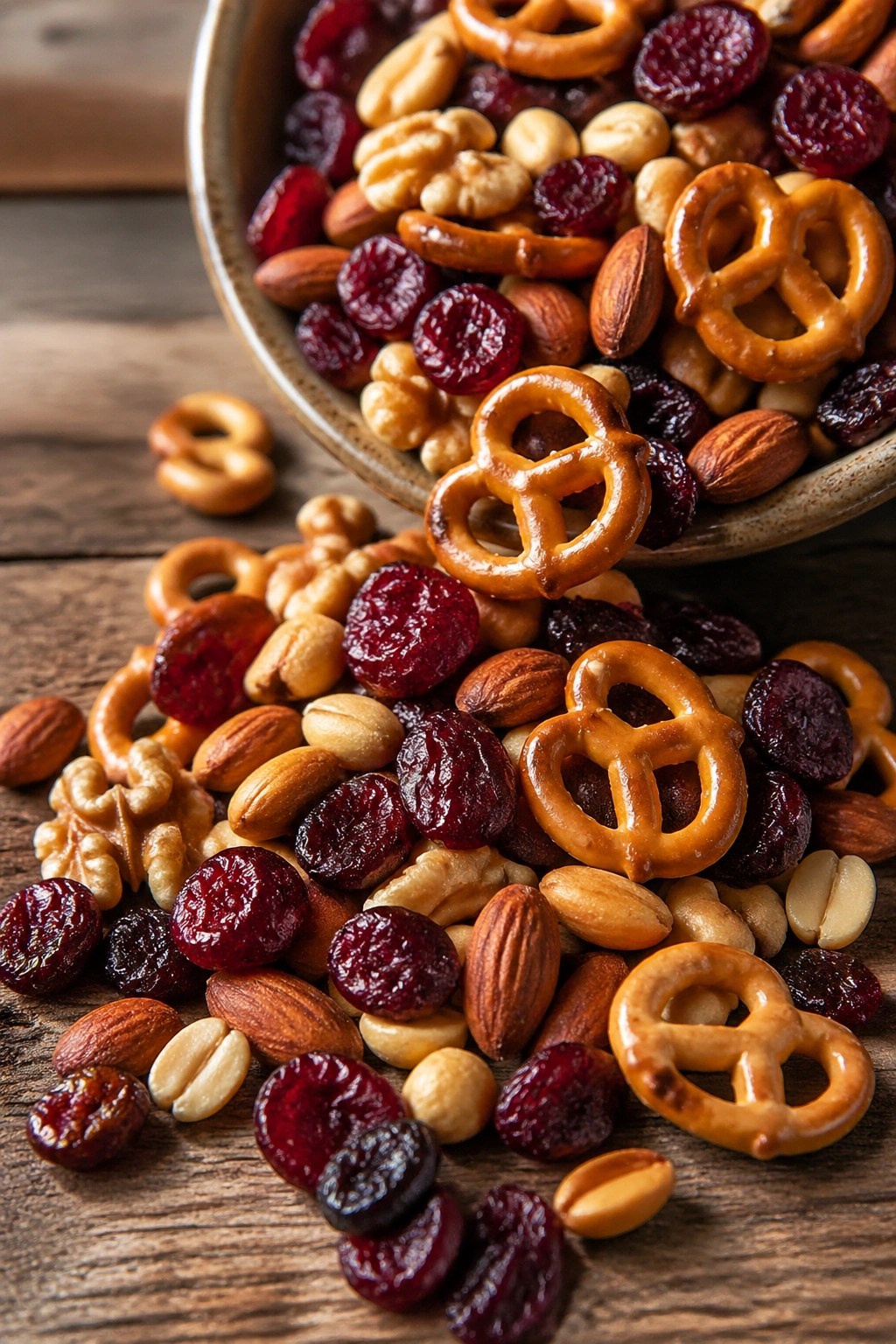 Bowl of trail mix with pretzels and dried cherries on a wooden surface