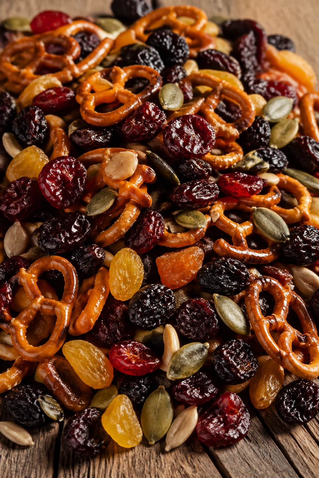 Close-up of trail mix with pretzels and dried fruit on a rustic wooden surface