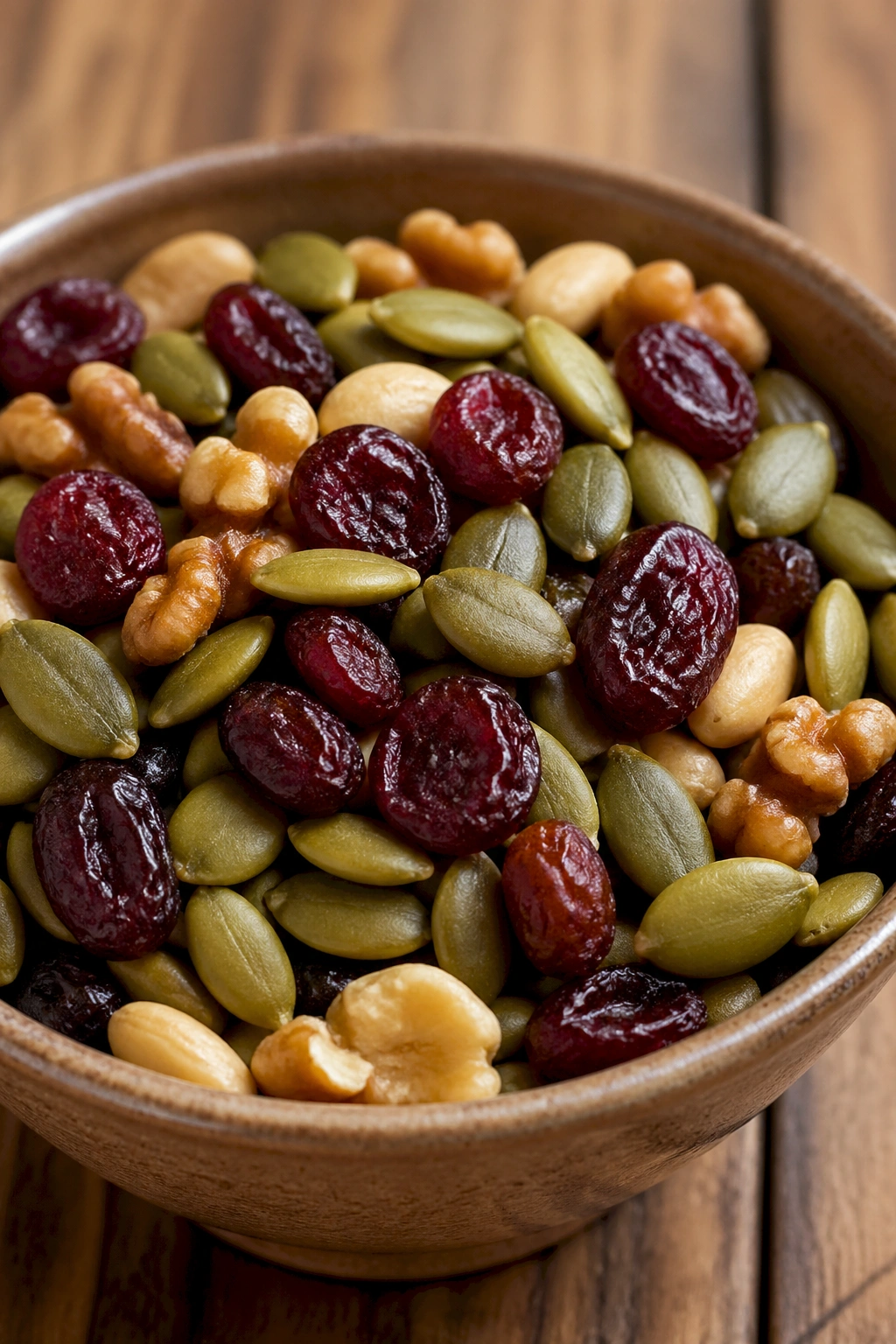 Trail mix with pumpkin seeds and dried cherries in a small bowl