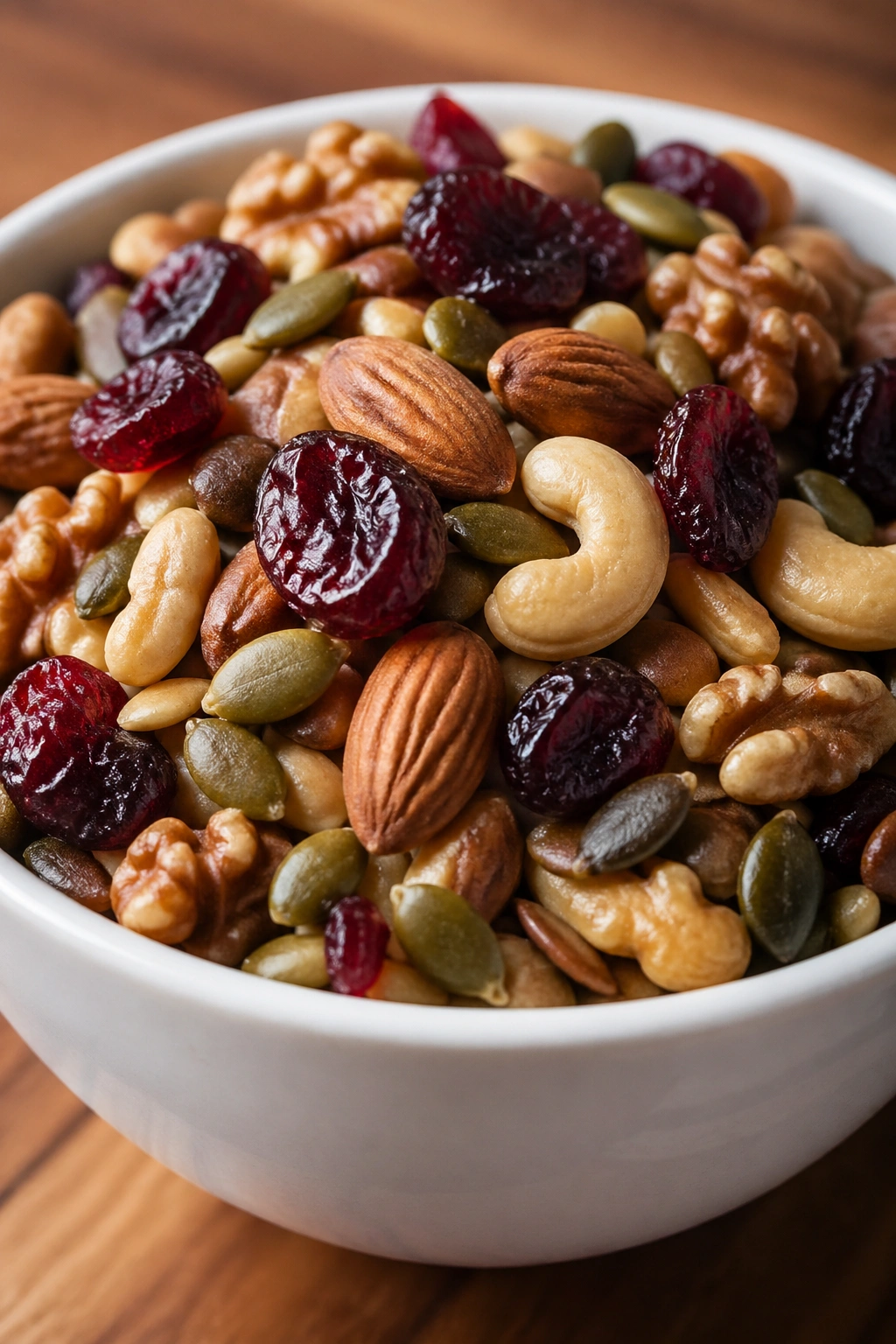 Close-up of trail mix with pumpkin seeds and dried cherries in a small bowl, warm kitchen backdrop