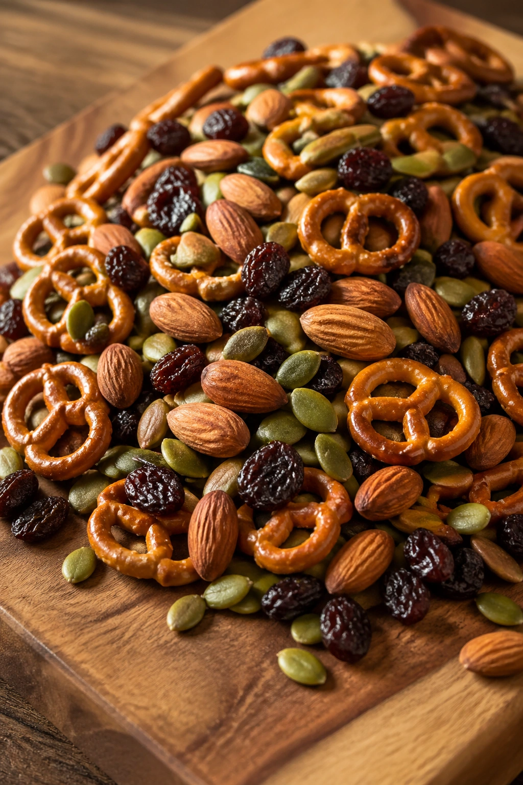 Close-up trail mix mound with pretzels, raisins, almonds, and pumpkin seeds on wooden board