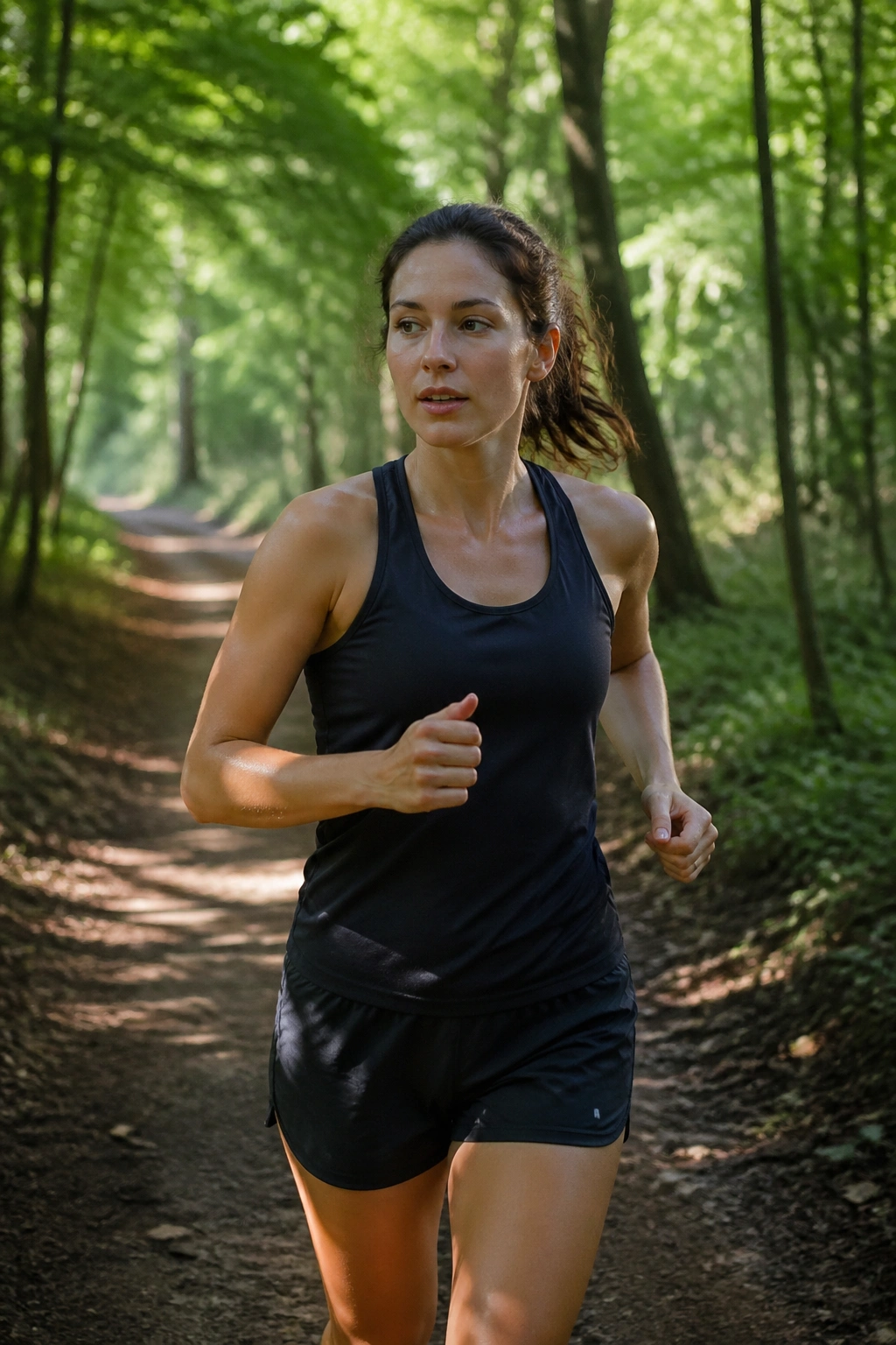 Runner on a shaded tree-lined trail with walk-jog intervals