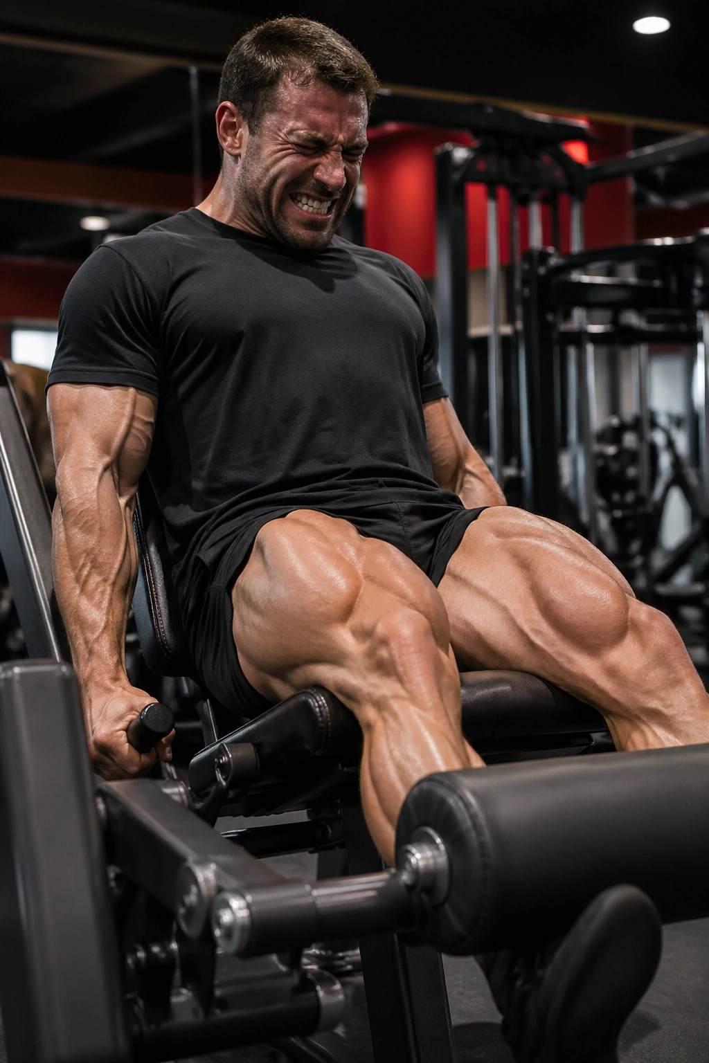 Lifter near failure on a leg exercise with intense strain