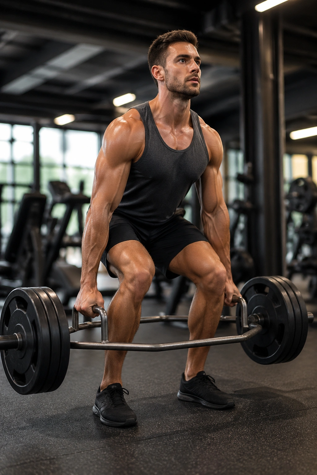 Lifter performing trap bar deadlift in gym with motion blur