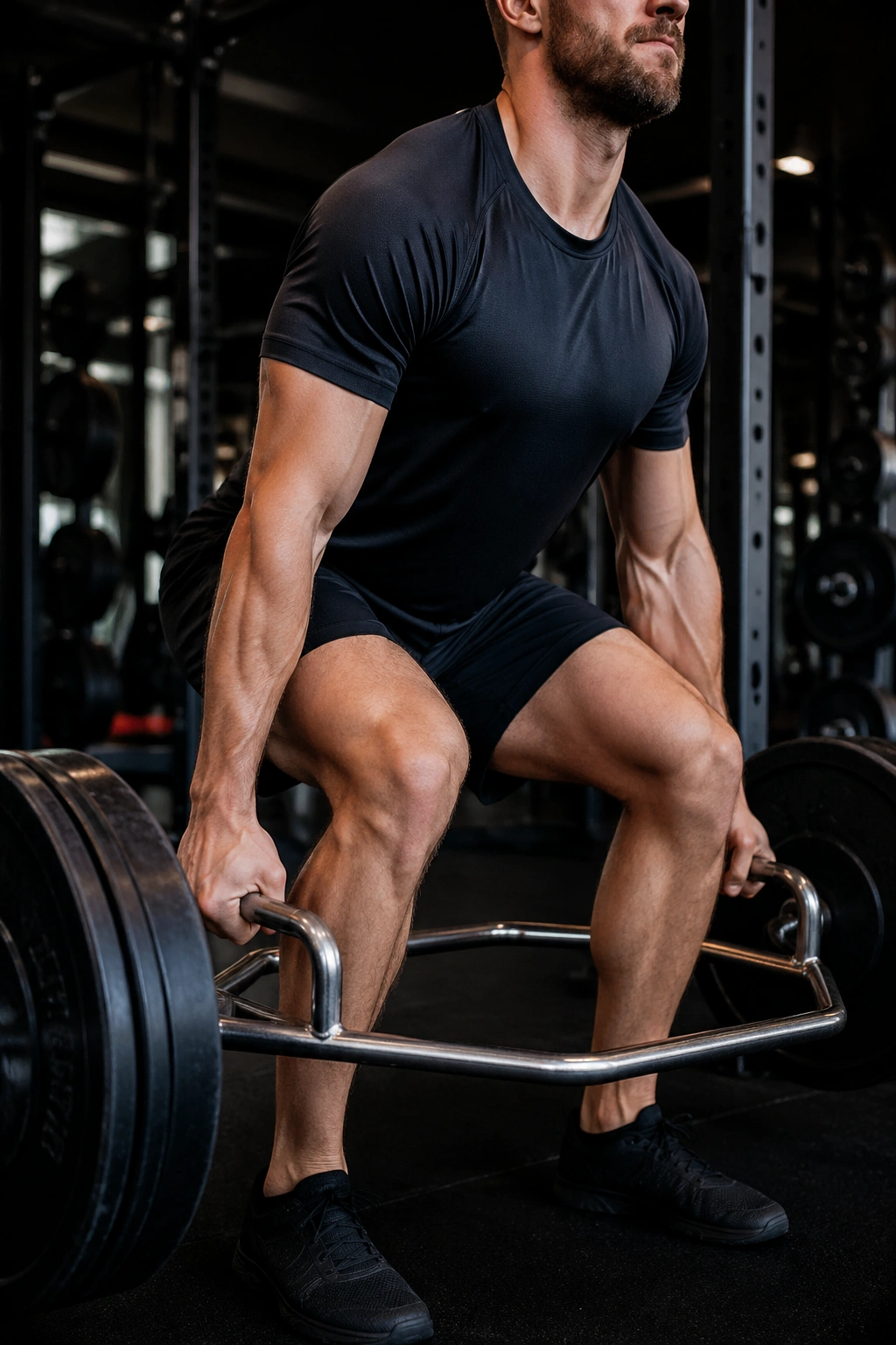 Close-up of lifter performing trap bar deadlift in gym