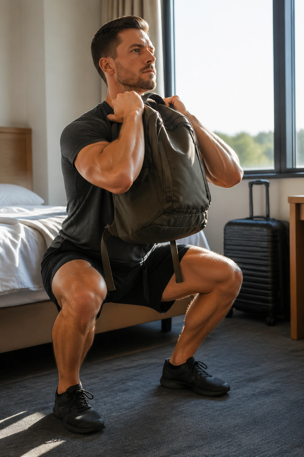 Person front-squats with a loaded backpack in a travel setting to show minimal-equipment circuit