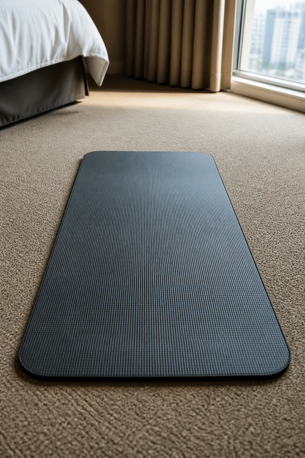 Close-up of a travel-size Pilates mat in a small hotel room