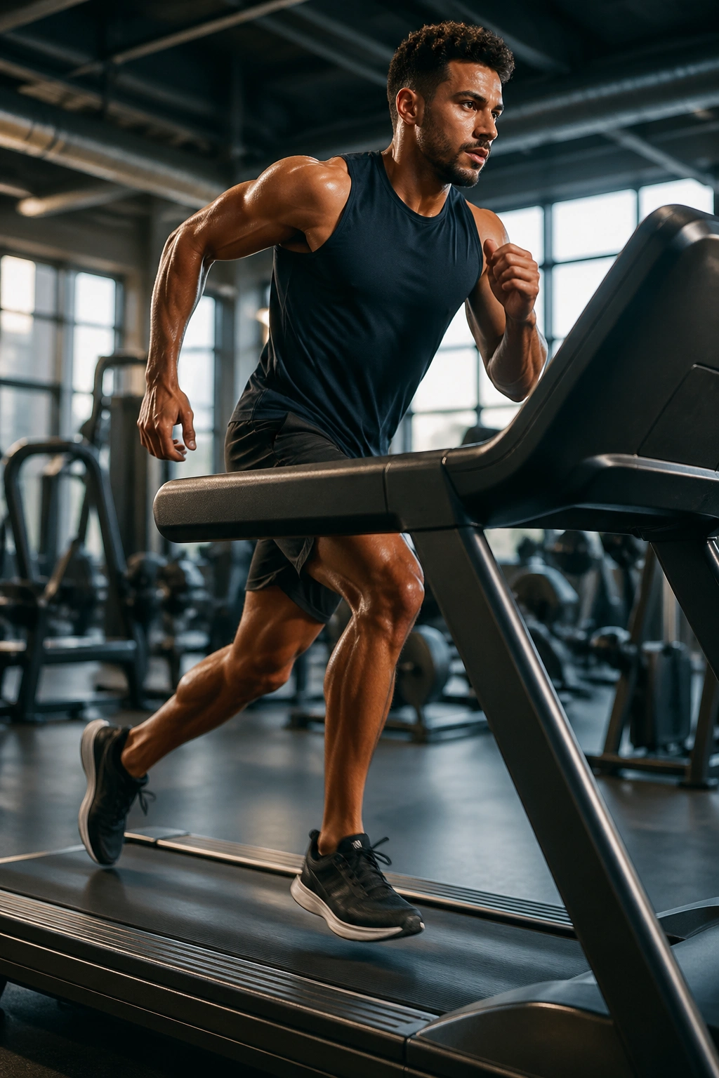 Athlete sprinting on a treadmill during HIIT interval in gym