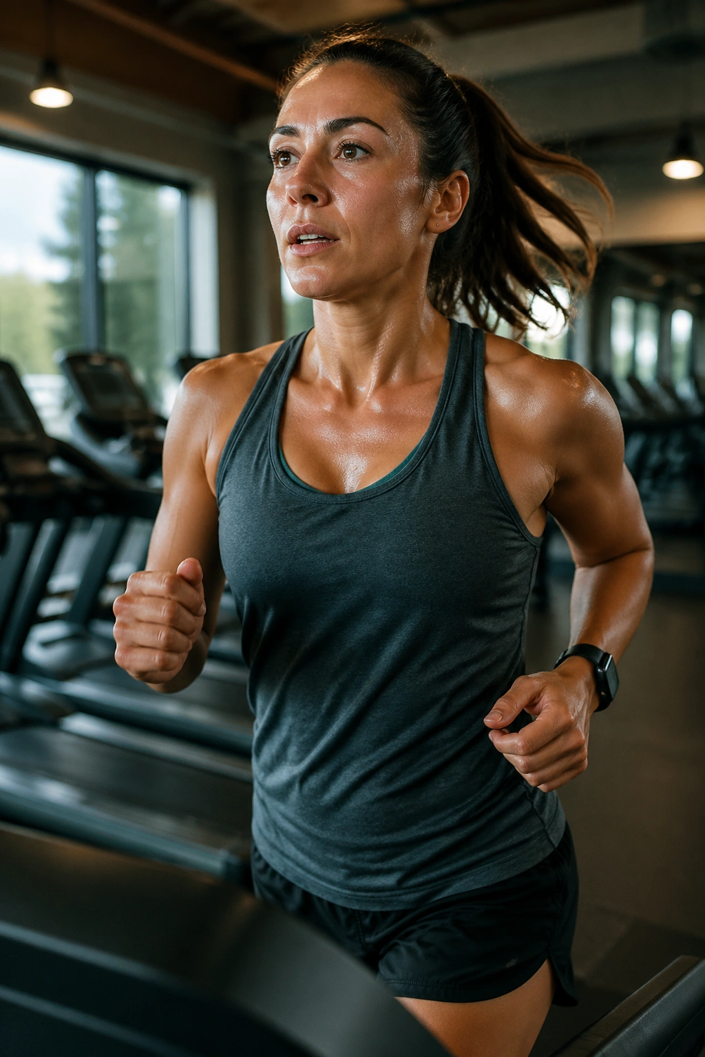 Close-up of a runner on a treadmill during tempo workout in a gym