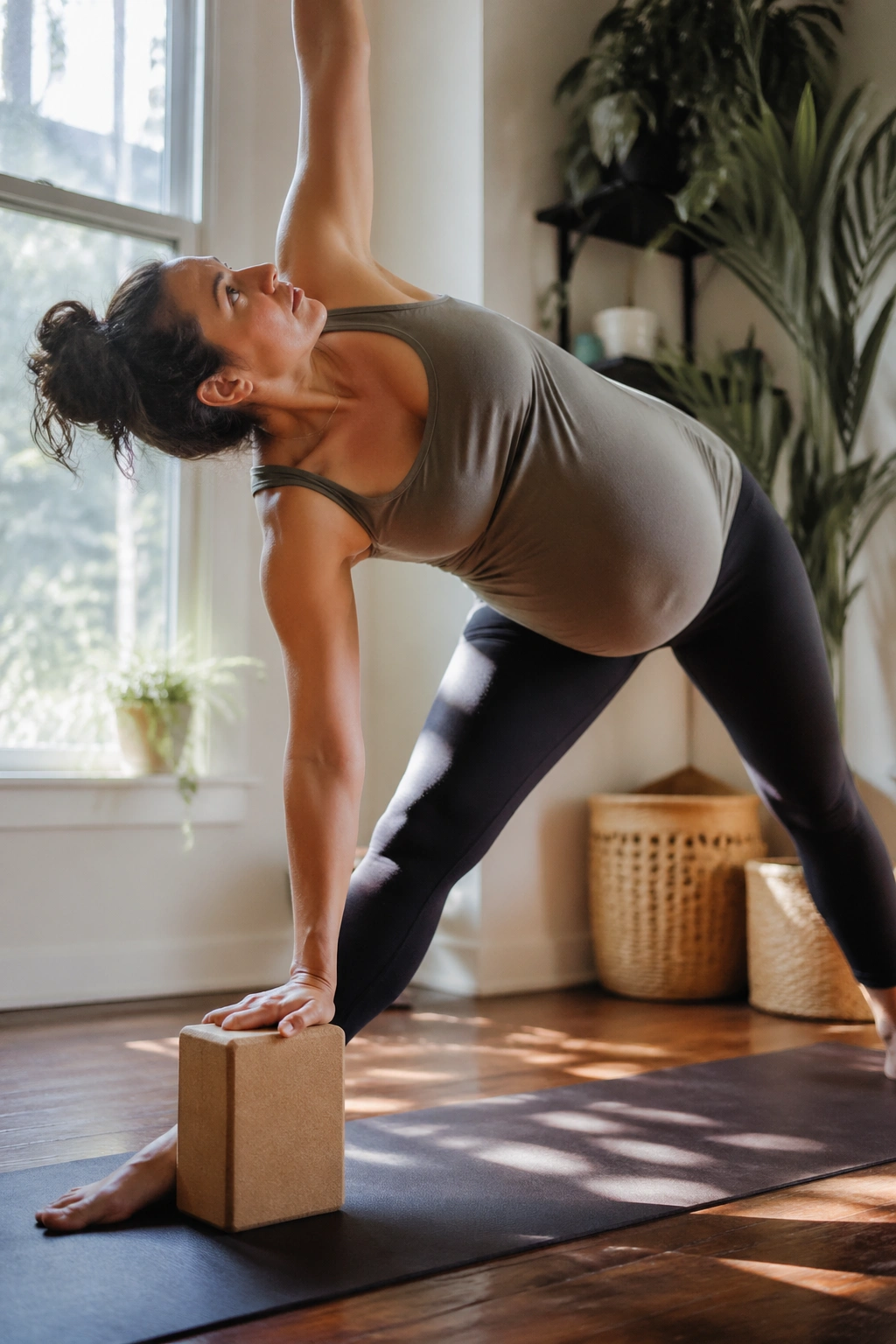 Pregnant person in Triangle Pose with a block, side-body stretch in warm window-lit yoga space
